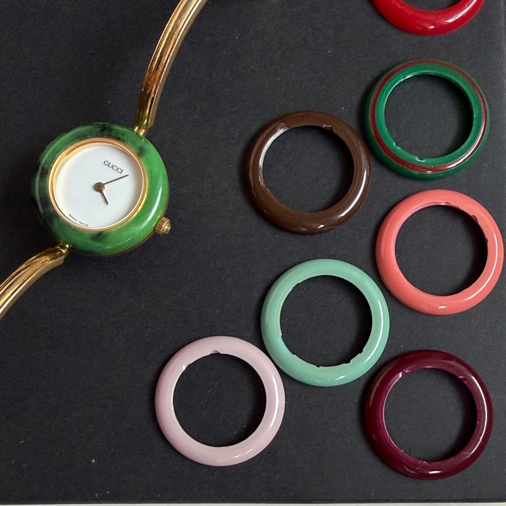Gucci Gold Tone Bracelet Watch with Interchangeable Color Bezels - Picture 2 of 16